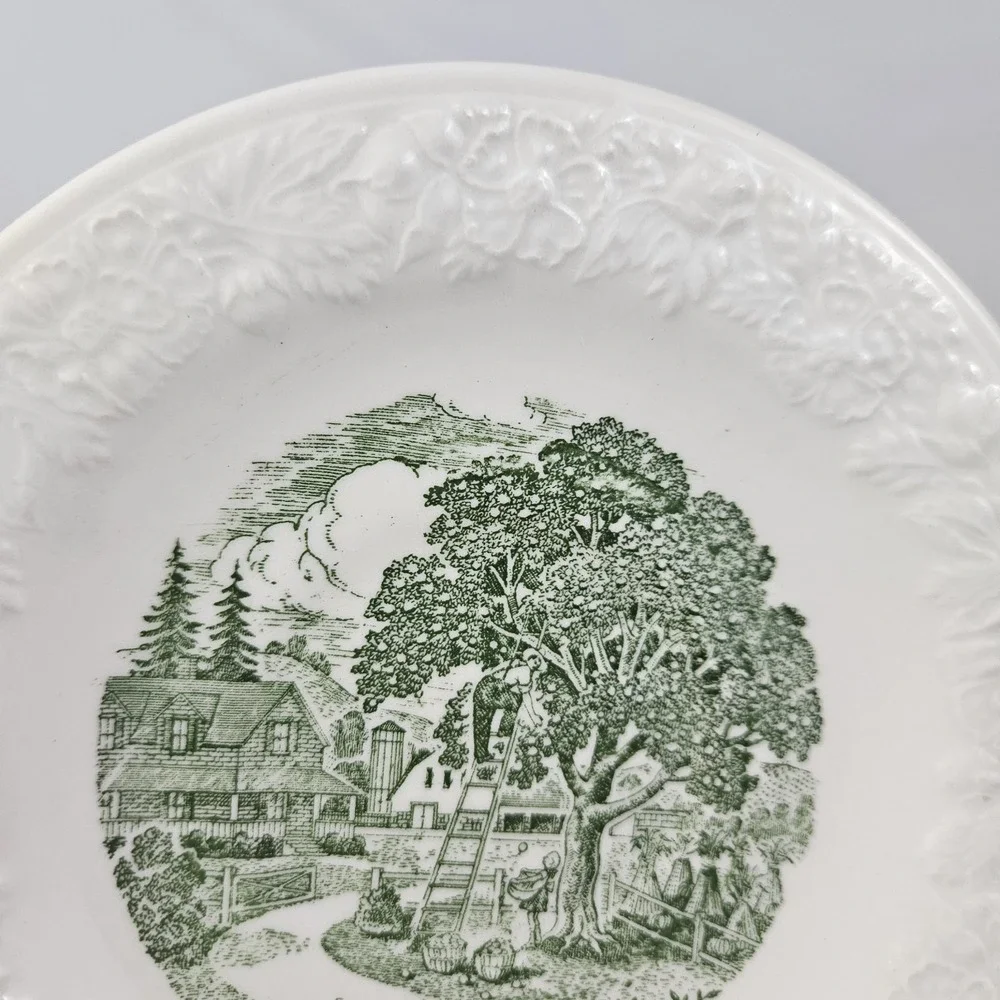Homer Laughlin Teacup & Saucer Set Farm Scene Vintage Pastoral Green